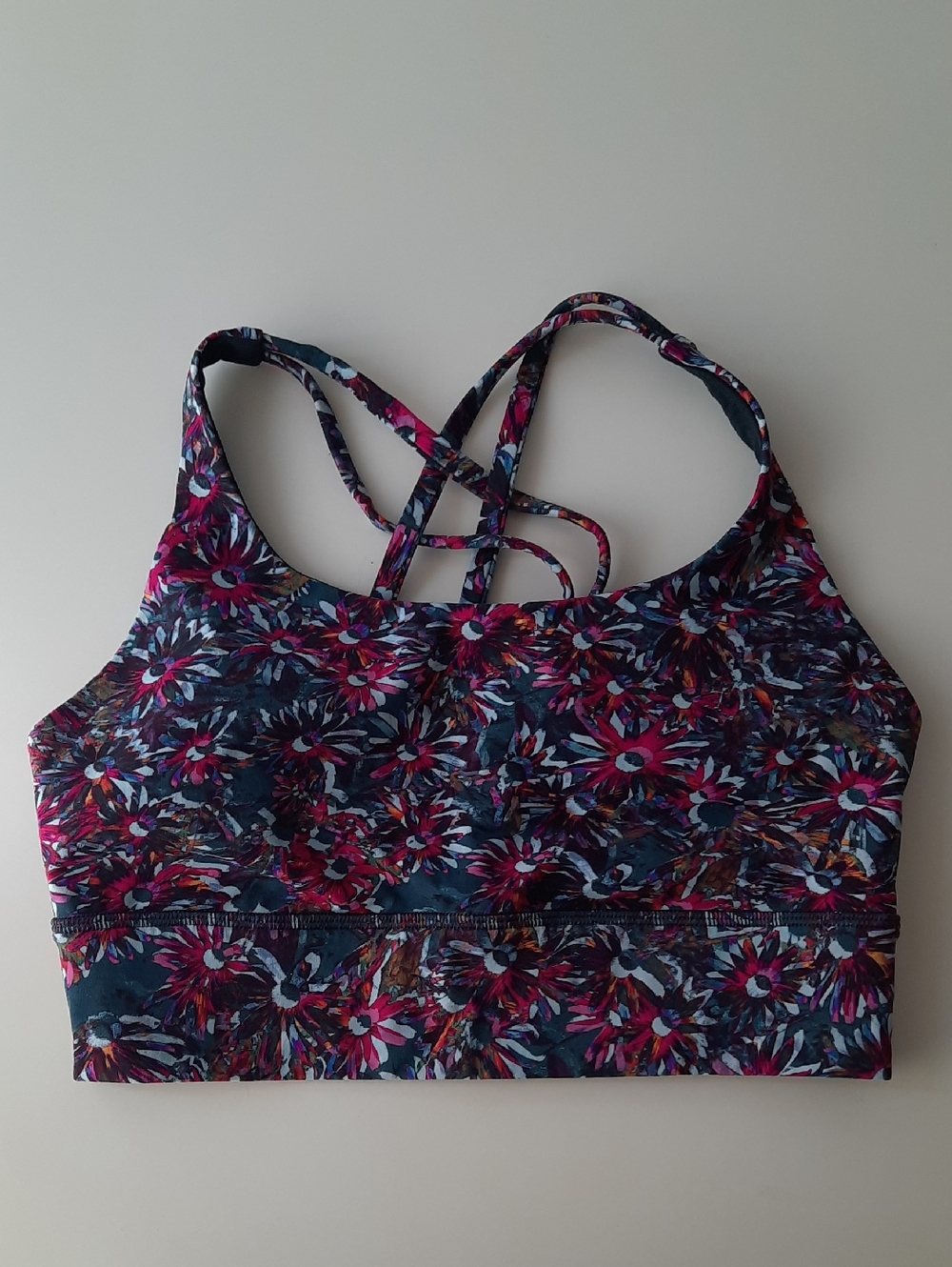 Lululemon athletica Floral Strappy Sports Bra in Navy, Magenta and Teal, size 6